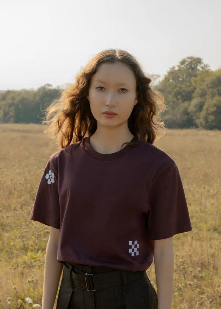 Women's Symbols Embroidered Organic Cotton T-Shirt - Burgundy