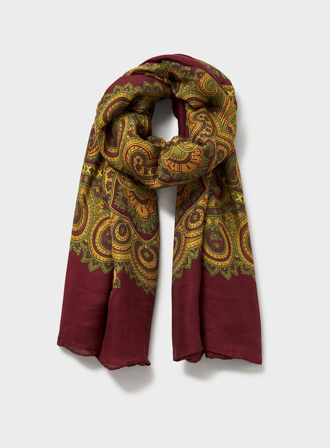 Burgundy and mustard pattern paisley scarf for women 