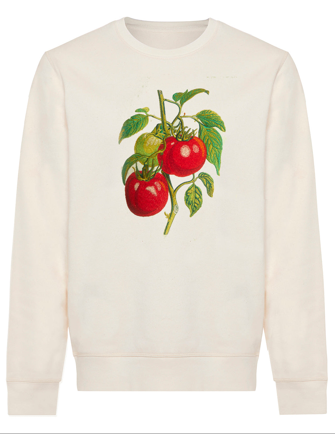 a man wearing a sweatshirt with an embroidered tomato