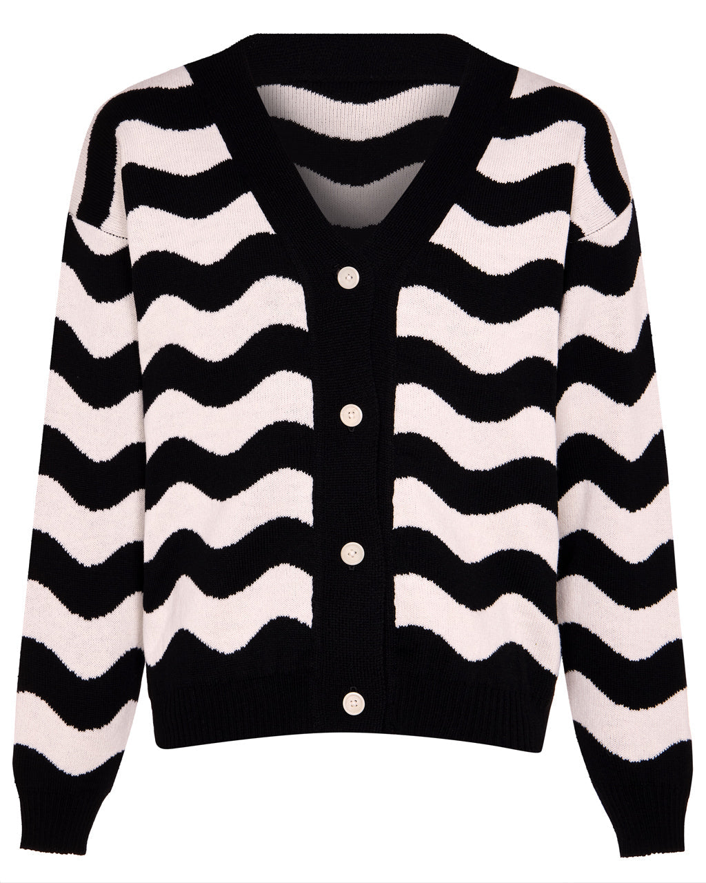 a black and white knitted cardigan with a wavy pattern