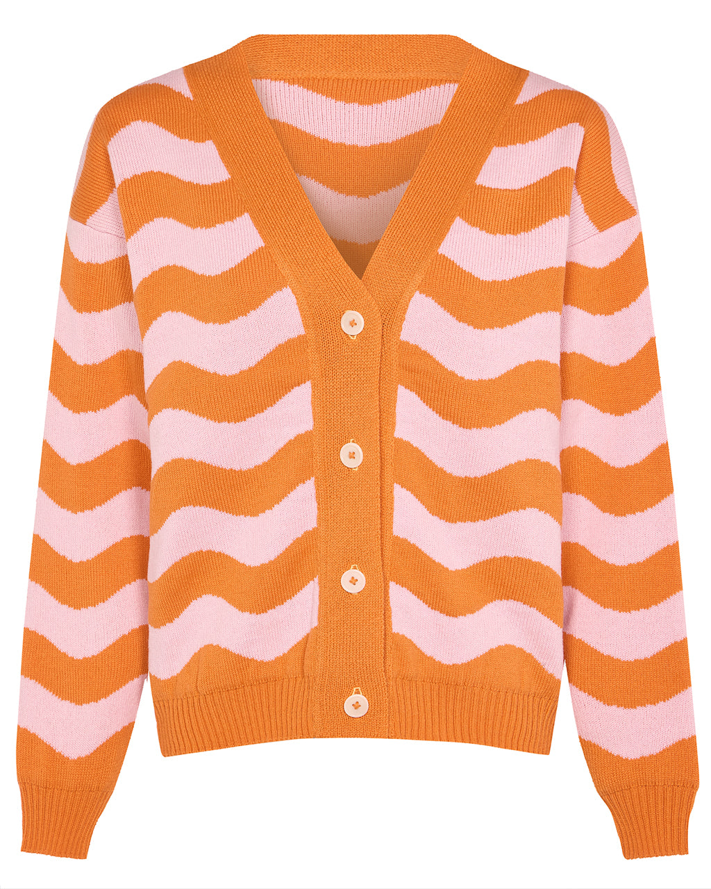 orange and pink knitted cardigan in a wav 