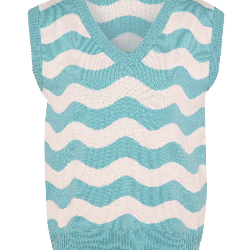 
                  
                    a blue and white knitted vest
                  
                