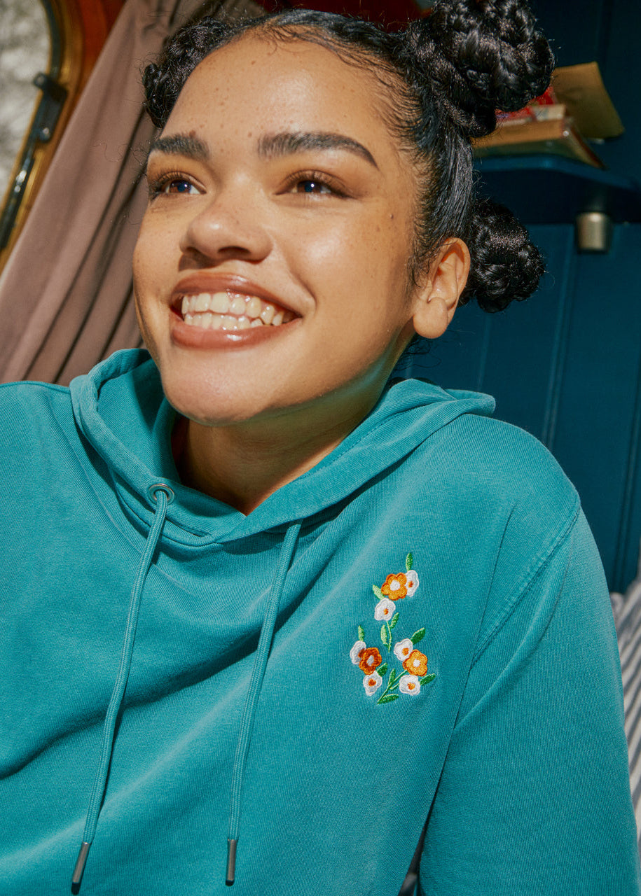 Womens Floral Embroidered Hoodie Teal