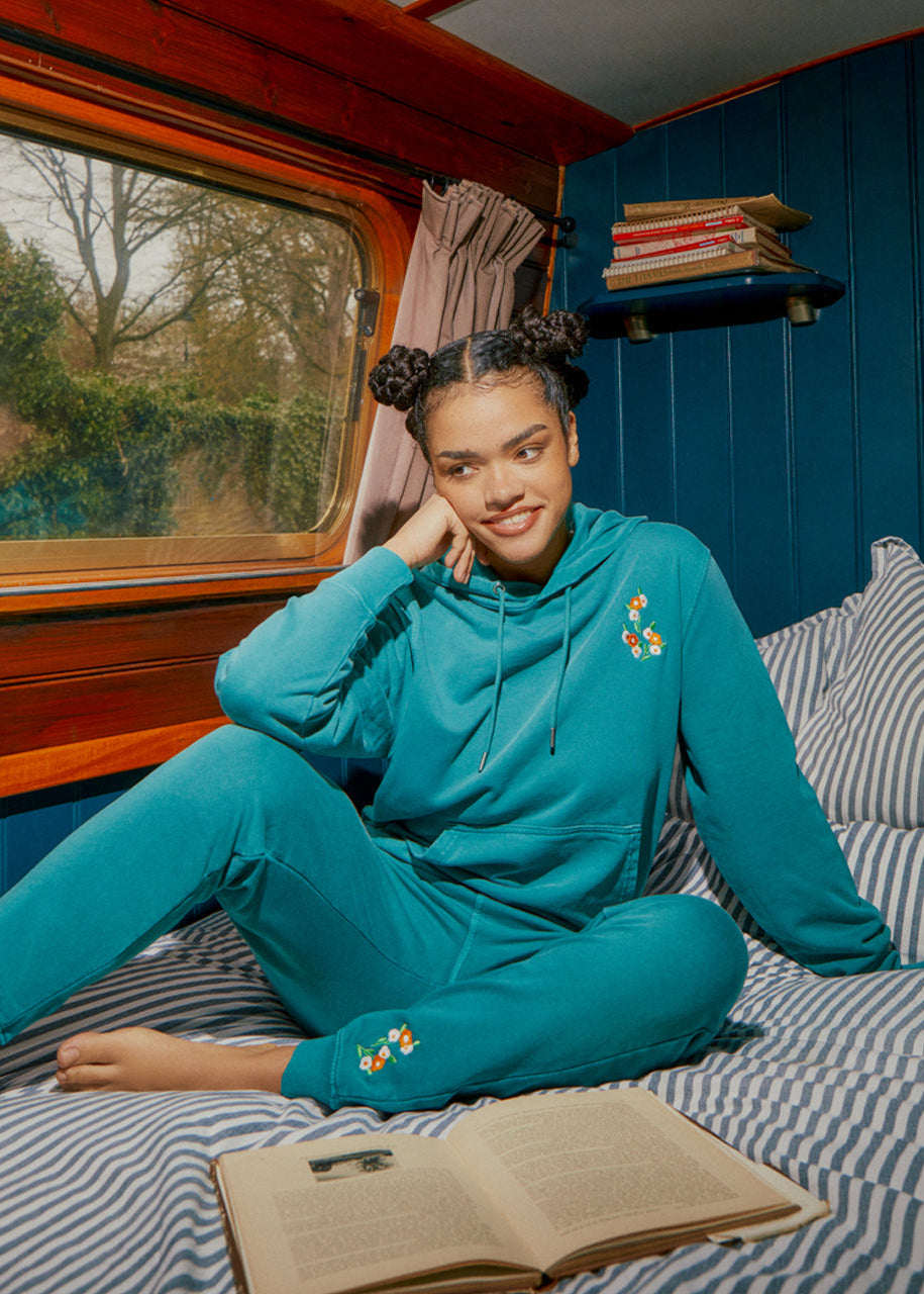 Womens Floral Embroidered Hoodie Teal