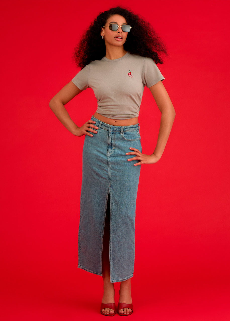 a women wearing a t-shirt embroidered chilli top 