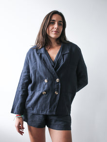  Double breasted Ethically Made Navy Linen Suit with shorts and a high waist. Made by ethical clothing brand Fanfare Label